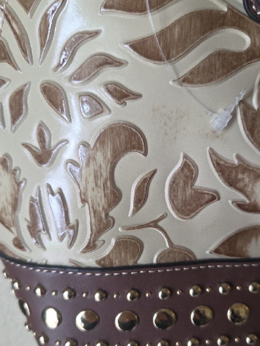 M.C Handbags Embossed Leather Satchel in Beige and Brown. - Picture 5 of 8